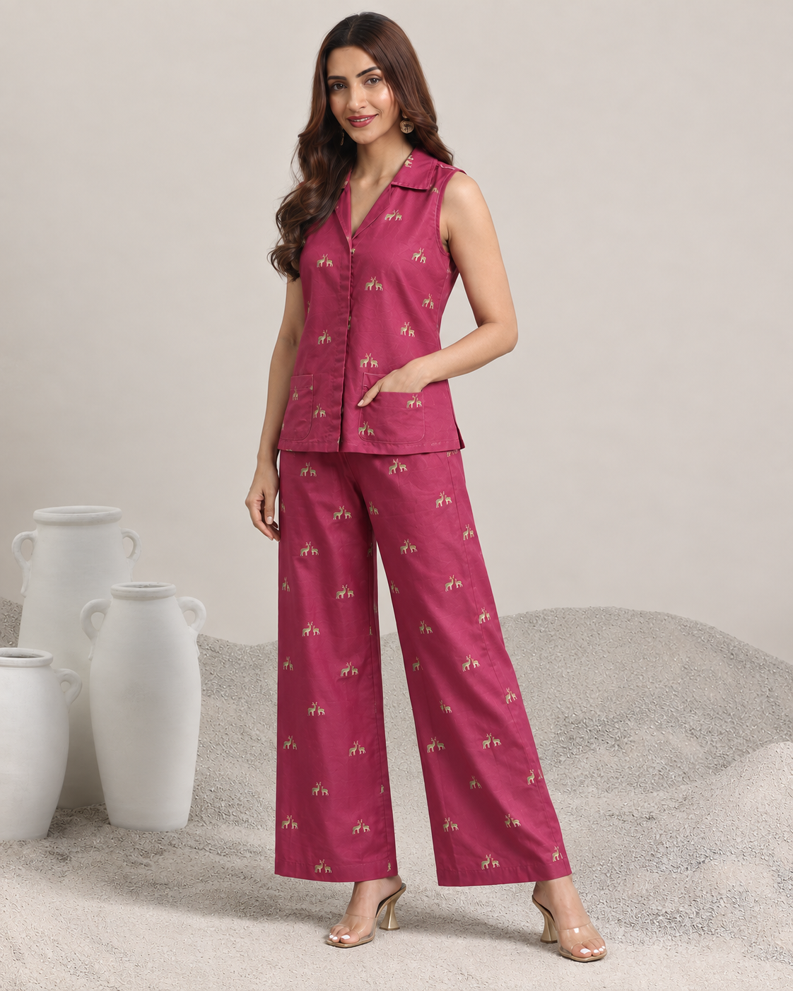 Mrigakshi by House of Somarra — Three-quarter view of the pink button-front co-ord set.
