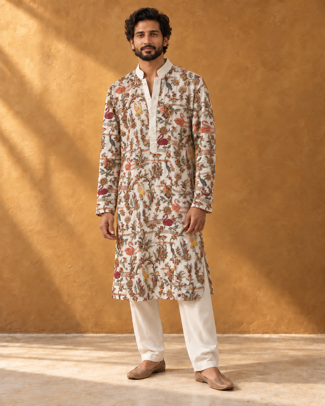 Parinda: Ivory Bird & Floral Embellished Men's Kurta Set — full-length view of the set.
