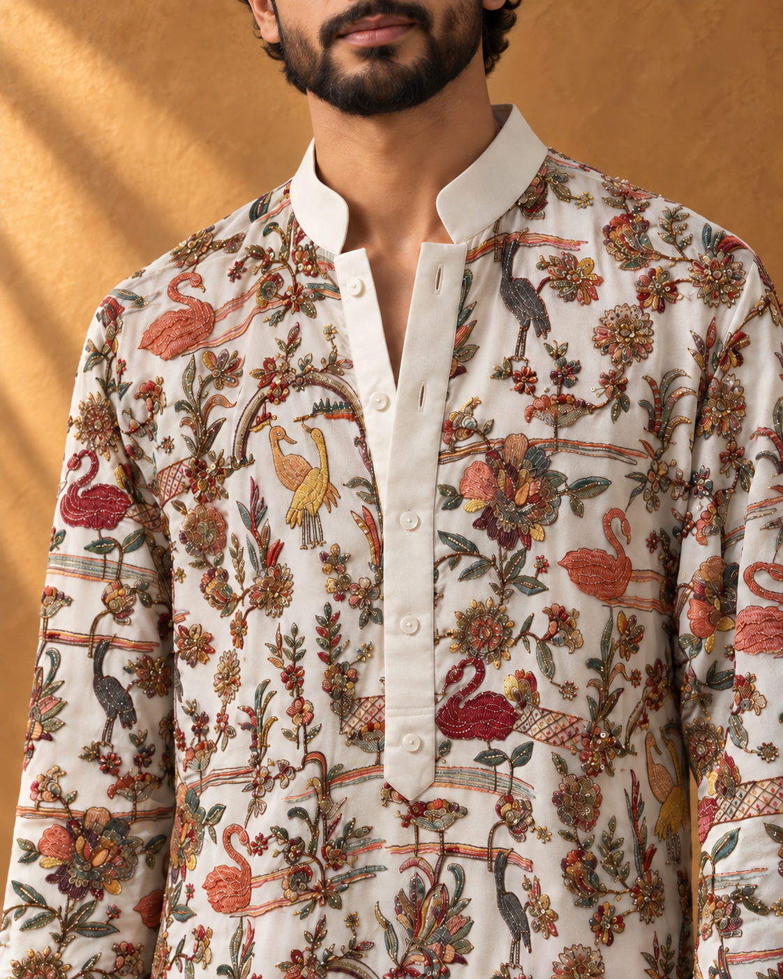 Parinda: Ivory Bird & Floral Embellished Men's Kurta Set — close-up of the garment details.