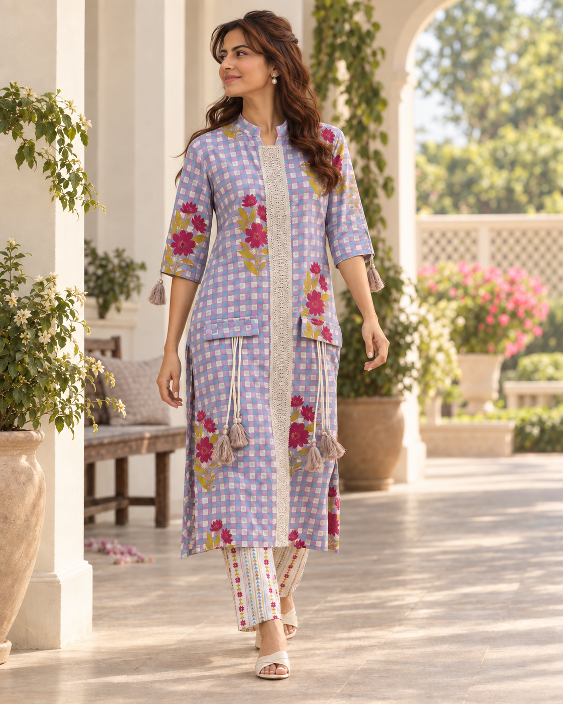 Eshani by House of Somarra — Side view showing the floral kurta and matching trousers.