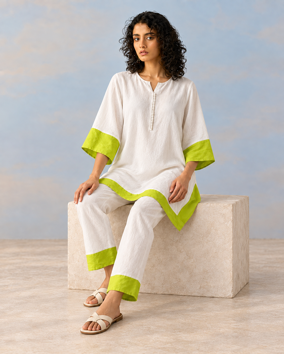 Elara by House of Somarra — Seated view showing the white trousers and lime cuffs.