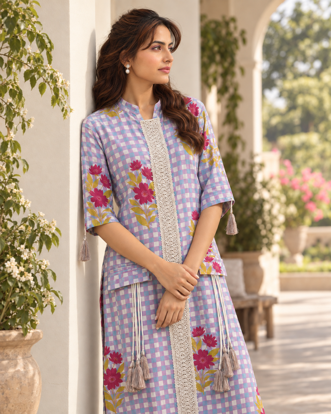 Eshani by House of Somarra — Portrait view of the checked kurta's decorative front panel.
