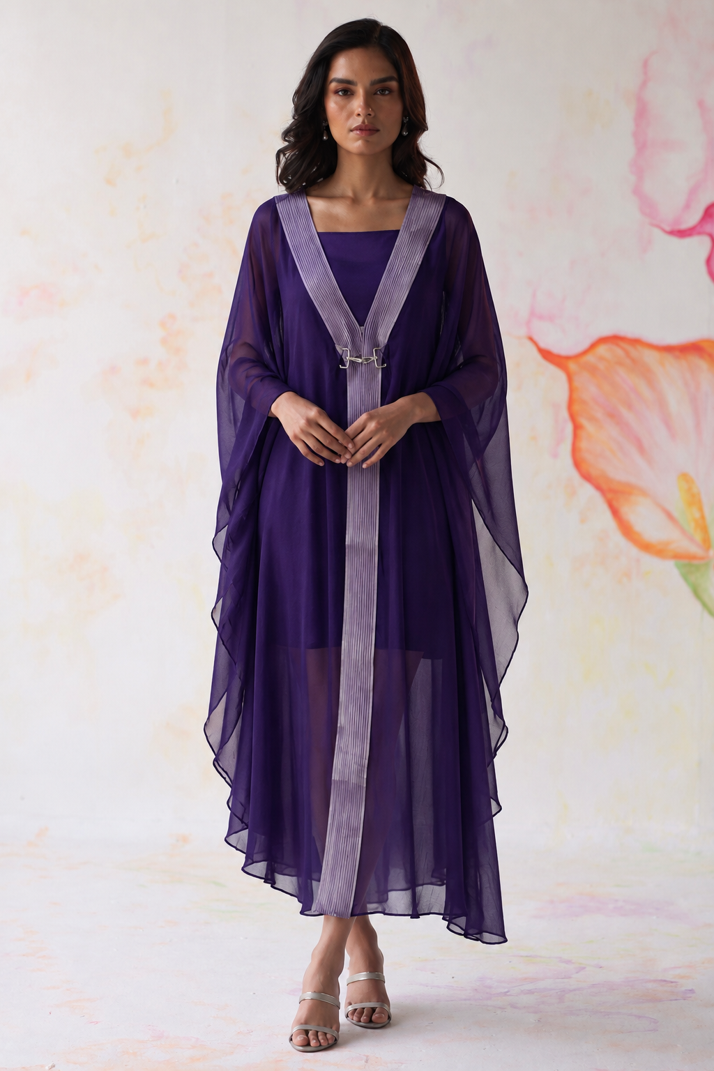 Ametra by House of Somarra — Front view of the purple kaftan with contrast front trim.