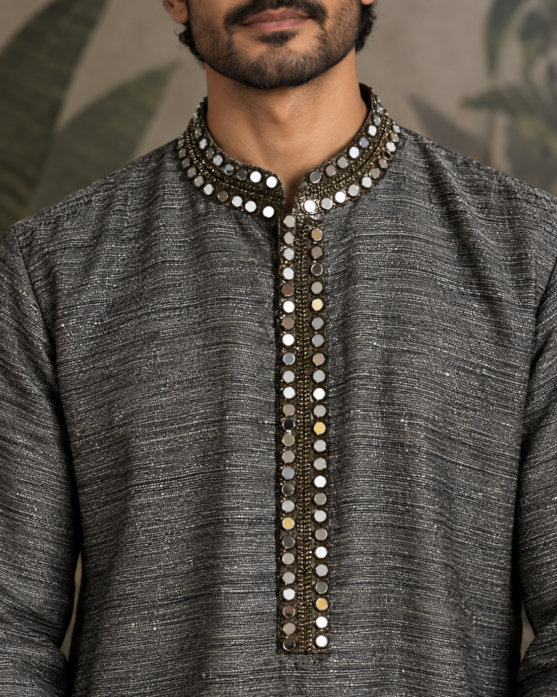 Raakh: Charcoal Mirror-Trim Men's Kurta Set — close-up of the garment details.