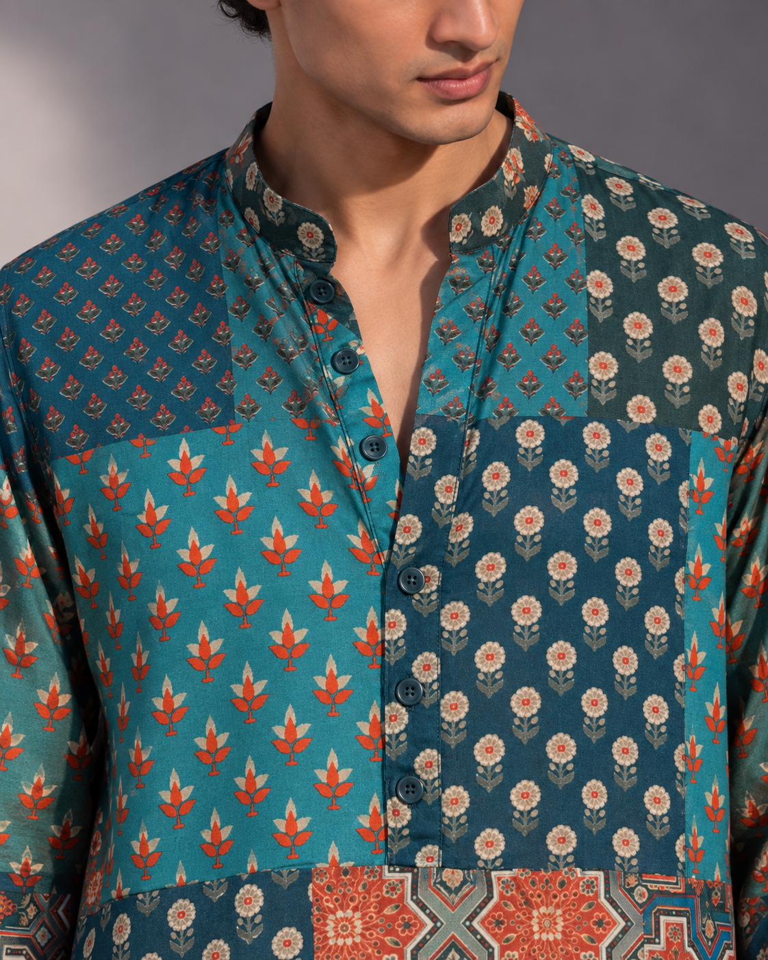 Rangsaaz: Teal Patchwork-Print Men's Kurta Set — close-up of the garment details.