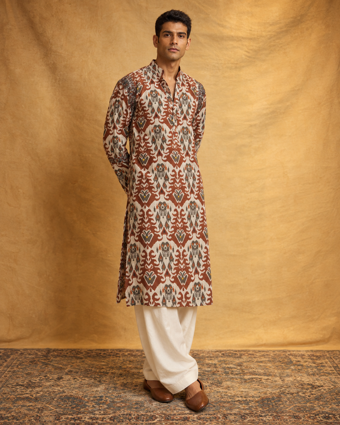 Riwaaz: Rust Printed Embroidered Men's Kurta Set — full-length view of the set.