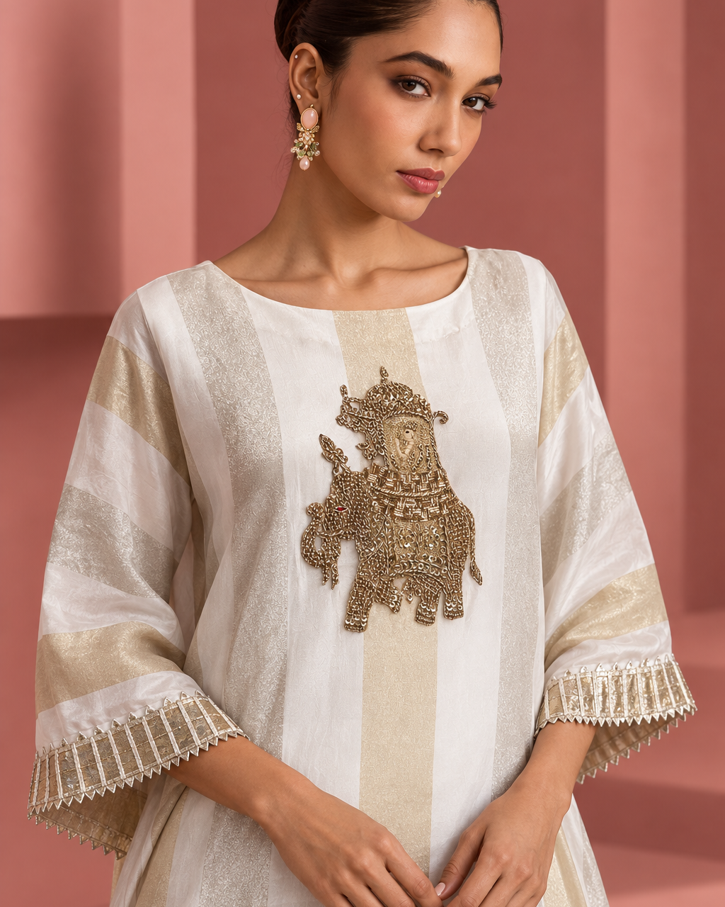Kashvi by House of Somarra — Portrait view of the embroidered chest motif and sleeve trim.