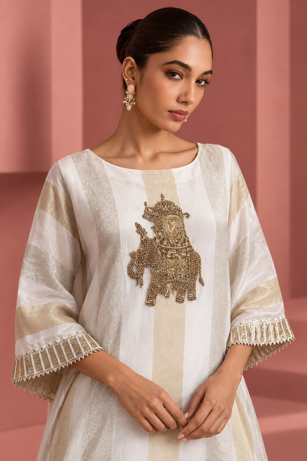 Kashvi by House of Somarra — Portrait view of the embroidered chest motif and sleeve trim.