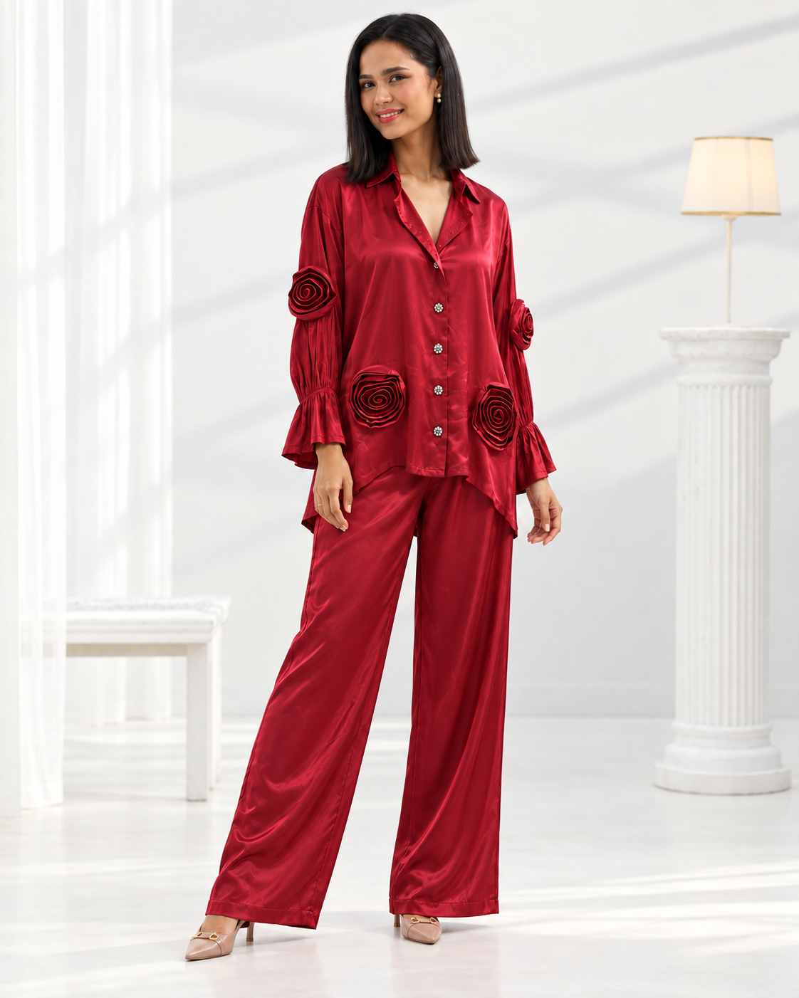 Laalima by House of Somarra — Full-length view of the red co-ord set and rose-shaped details.