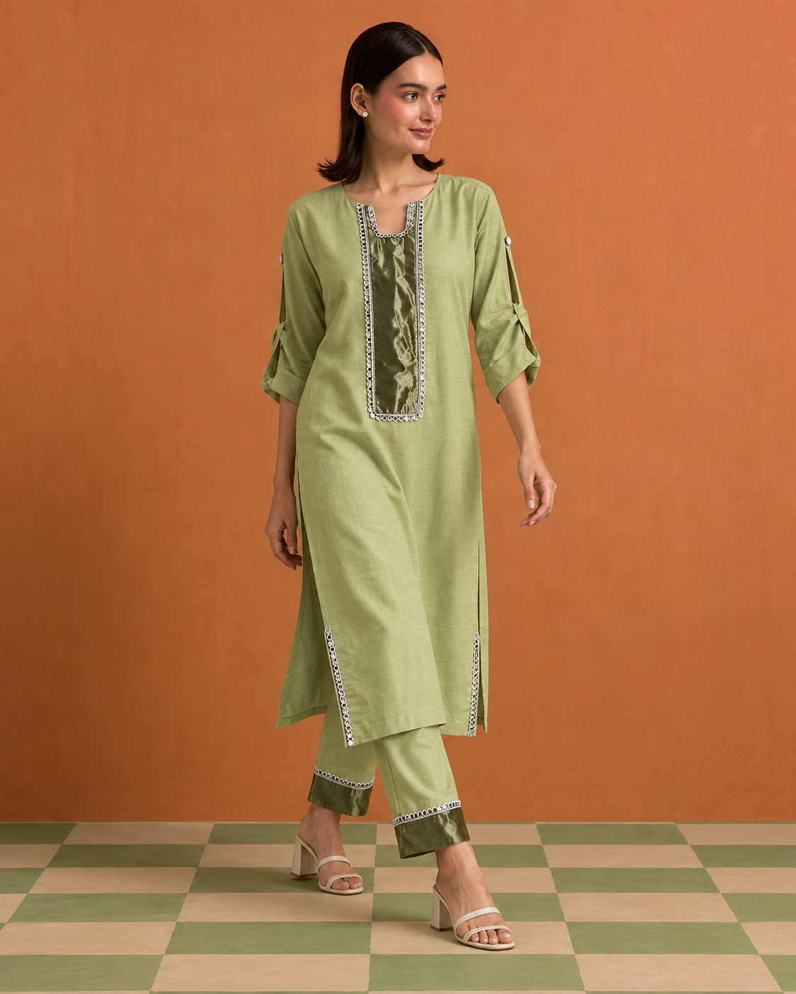 Aabha by House of Somarra — Side view showing the tunic and straight trousers.
