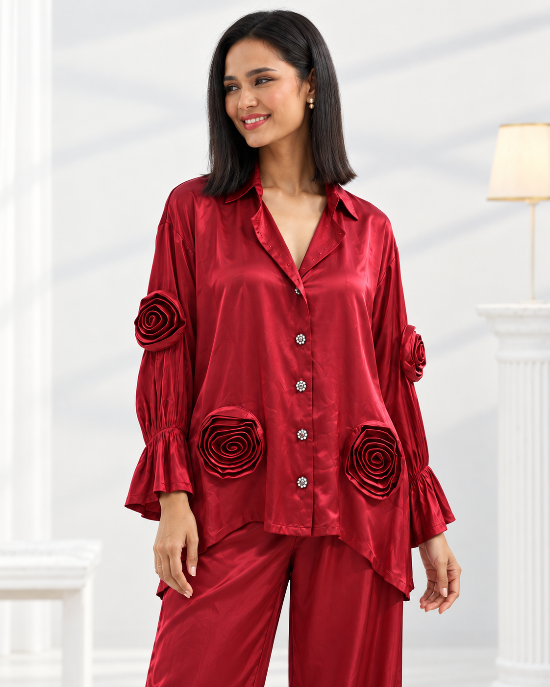 Laalima by House of Somarra — Close-up of the collar, buttons and sculpted rose motifs.
