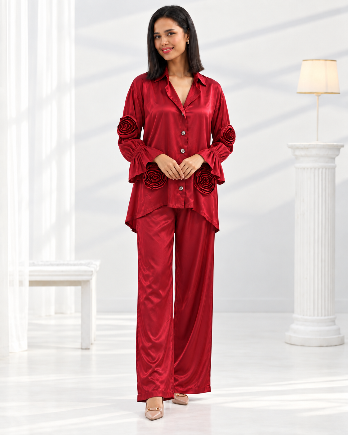 Laalima by House of Somarra — Front view of the red shirt and matching wide trousers.