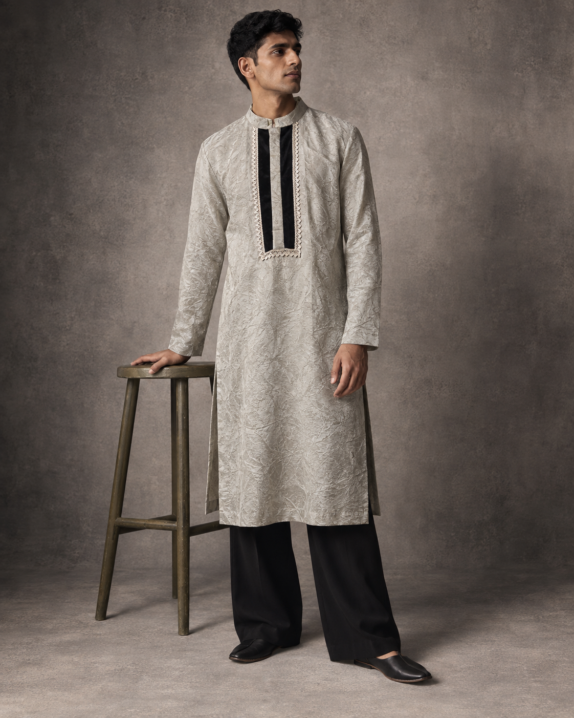 Sarmad: Silver Greige Panelled Men's Kurta Set — full-length view of the set.