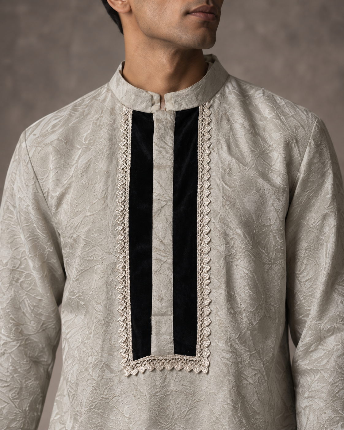 Sarmad: Silver Greige Panelled Men's Kurta Set — close-up of the garment details.