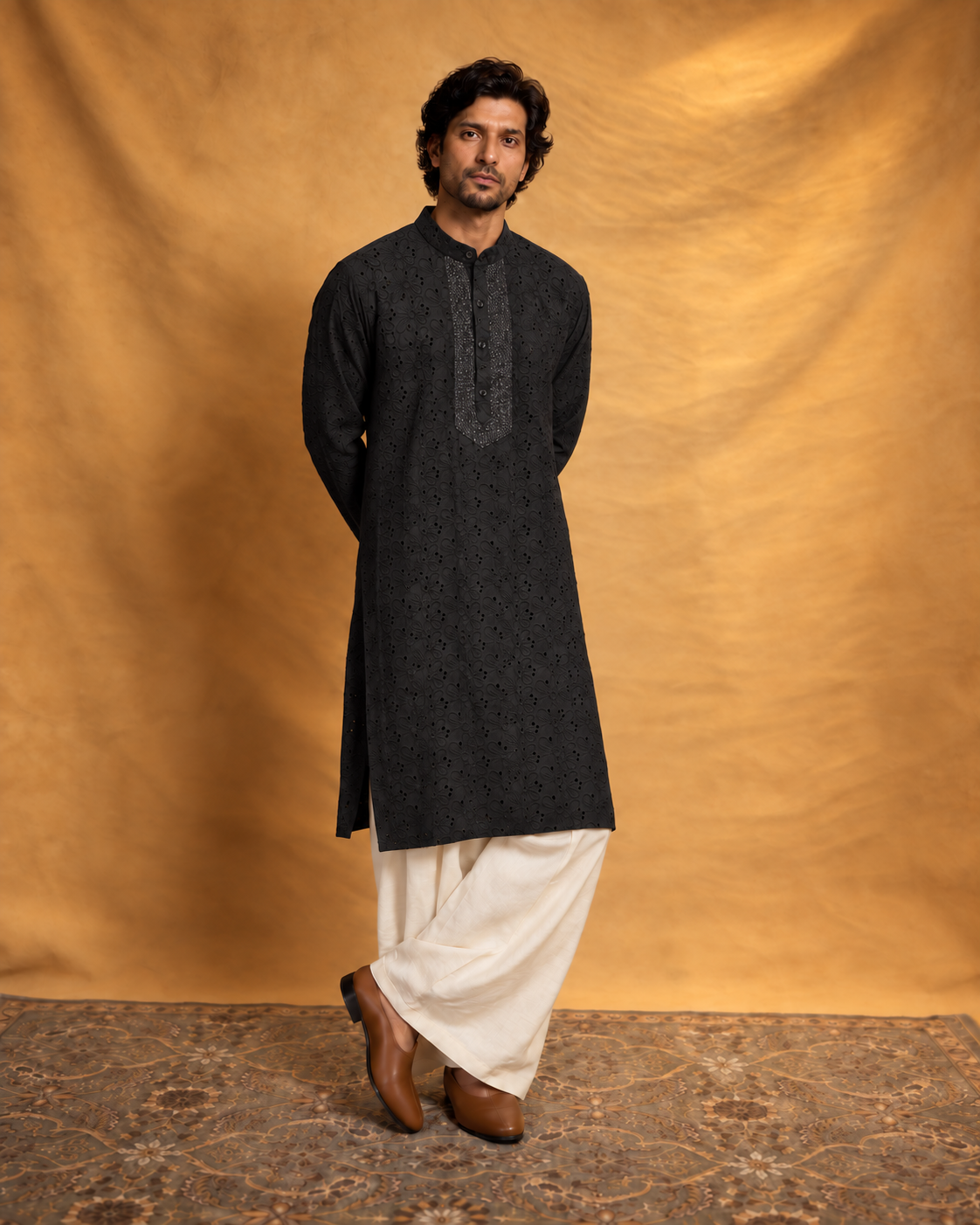Shab: Black Floral Eyelet Men's Kurta Set — full-length view of the set.