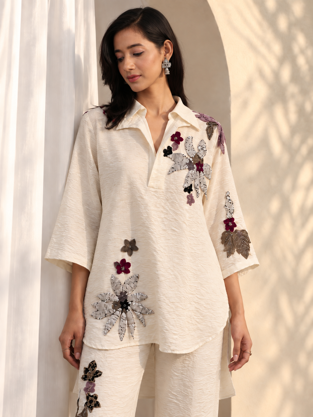 Ivory Floral Embroidered Shirt & Straight Pant Co-ord Set — Product photo 2