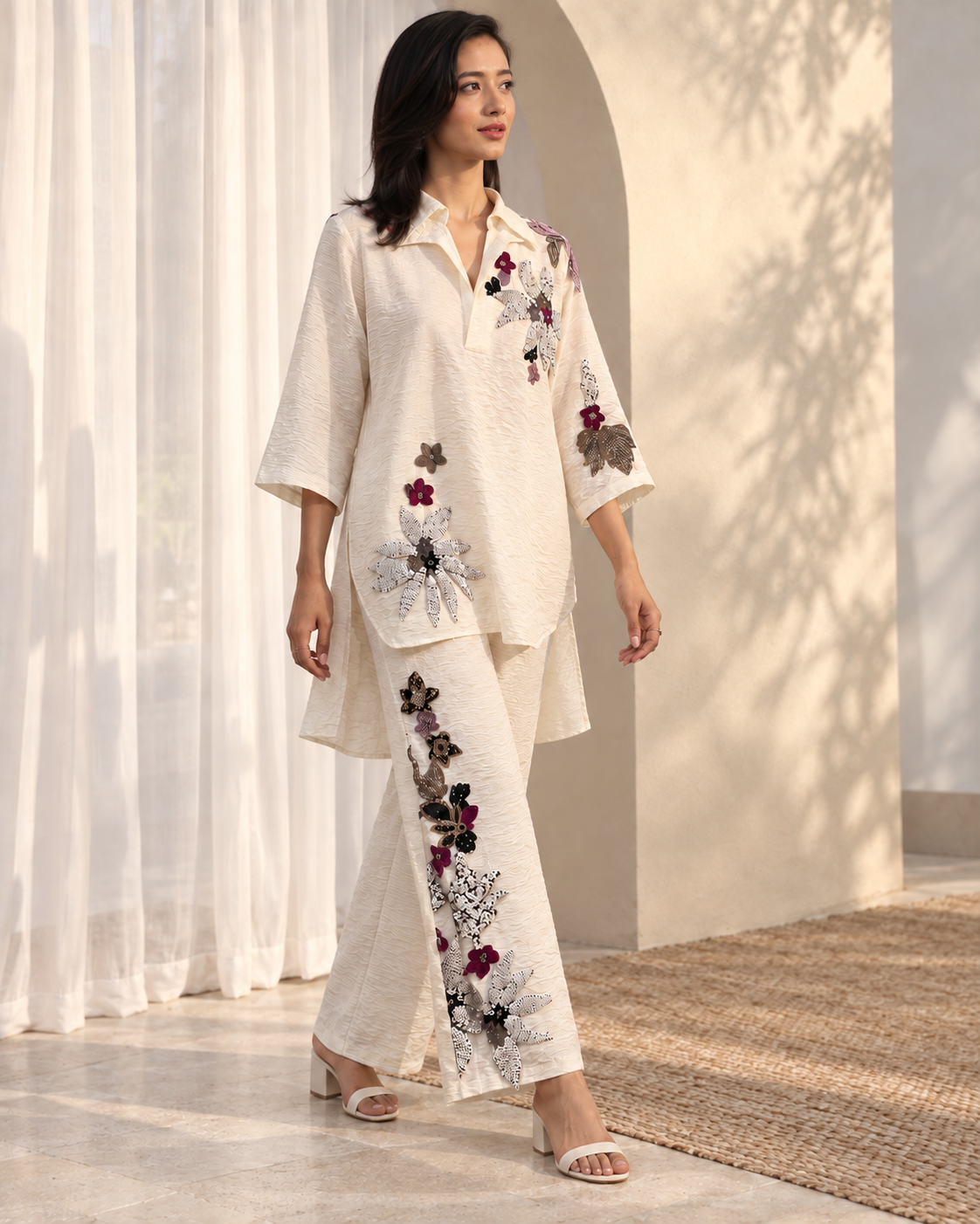 Ivory Floral Embroidered Shirt & Straight Pant Co-ord Set — Product photo 3