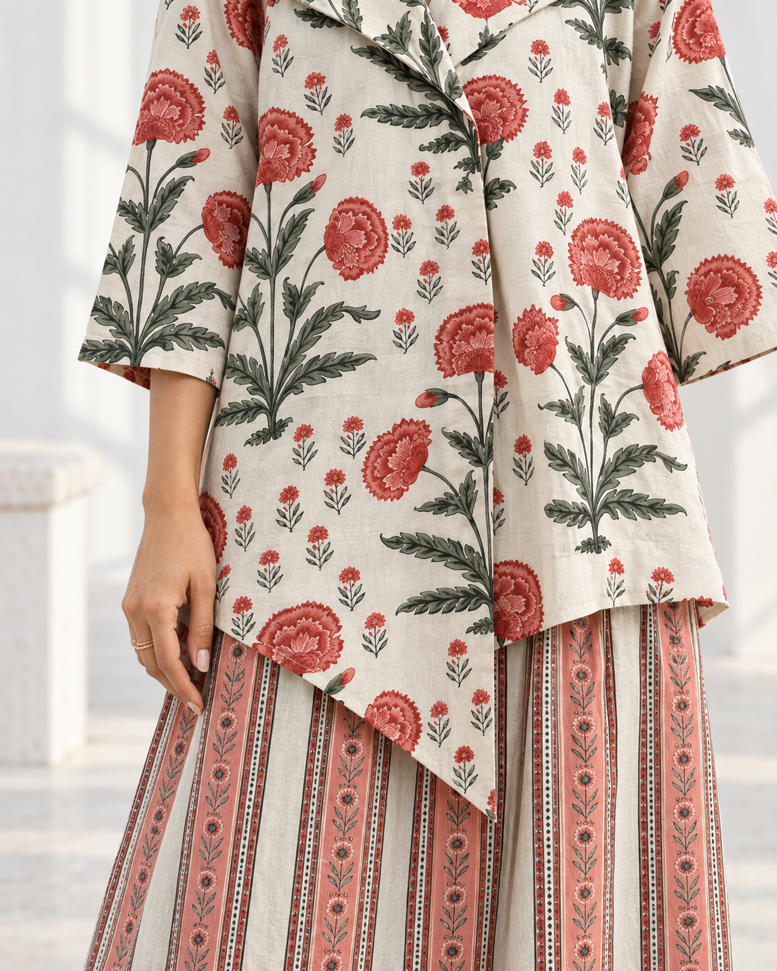 Ivory Floral Wrap Shirt & Striped Pant Co-ord Set — Product photo 4