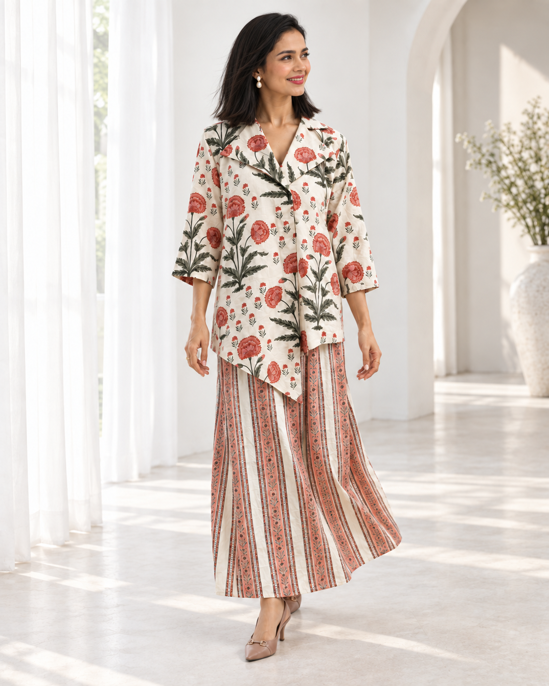 Ivory Floral Wrap Shirt & Striped Pant Co-ord Set — Product photo 5