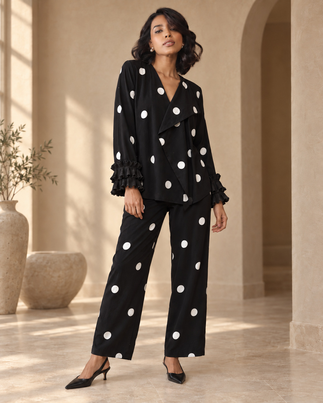 Black Polka-Dot Shirt & Straight Pant Co-ord Set — Product photo 1