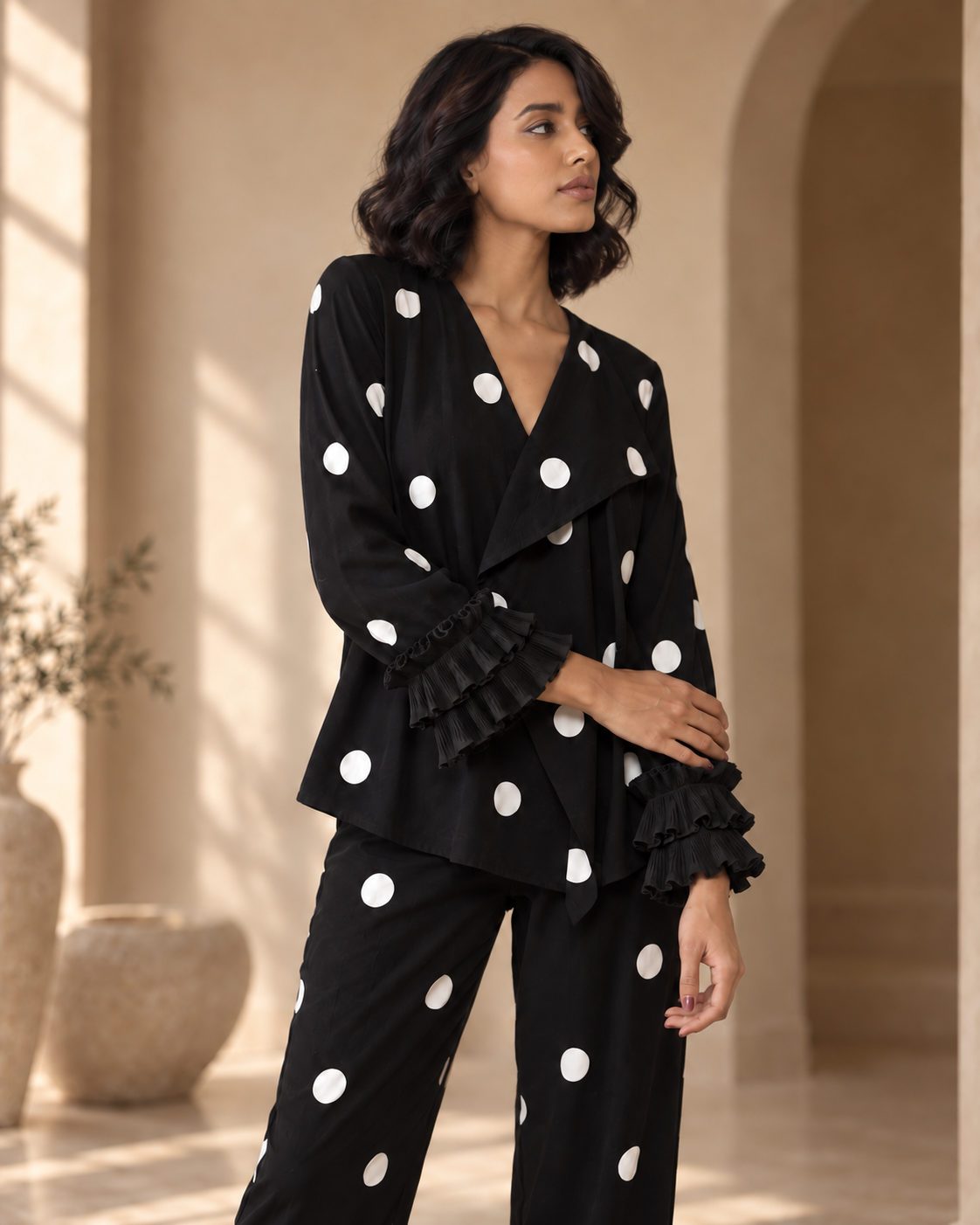 Black Polka-Dot Shirt & Straight Pant Co-ord Set — Product photo 3