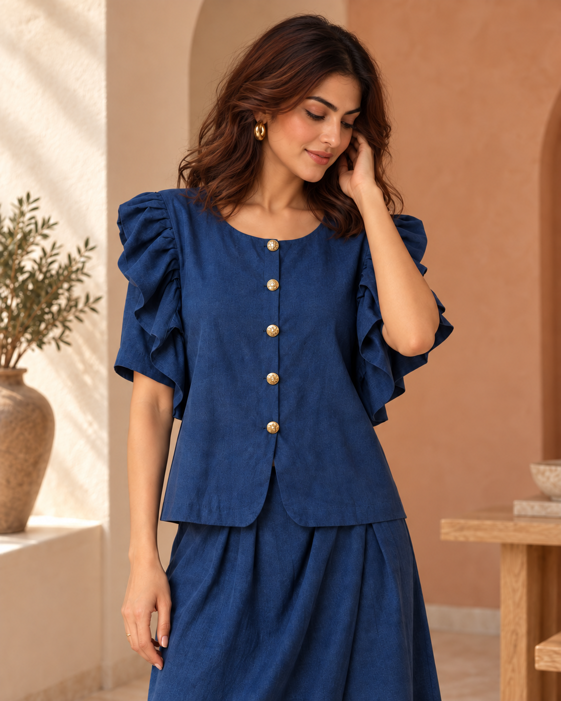 Deep Blue Ruffle-Sleeve Top & Slit Skirt Co-ord Set — Product photo 3