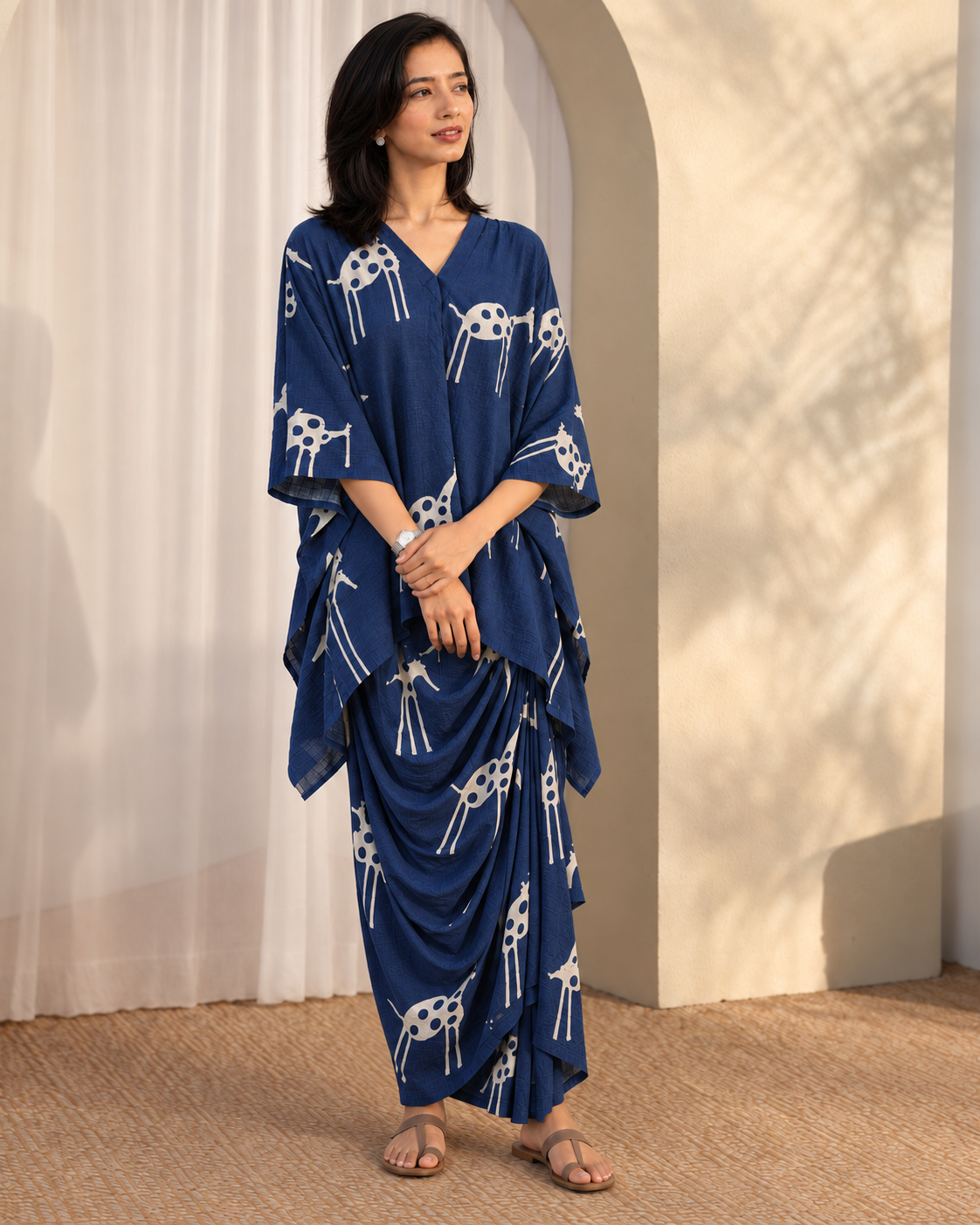 Indira: Navy & Ivory Motif Kaftan Top & Draped Skirt Co-ord Set — product photo 2