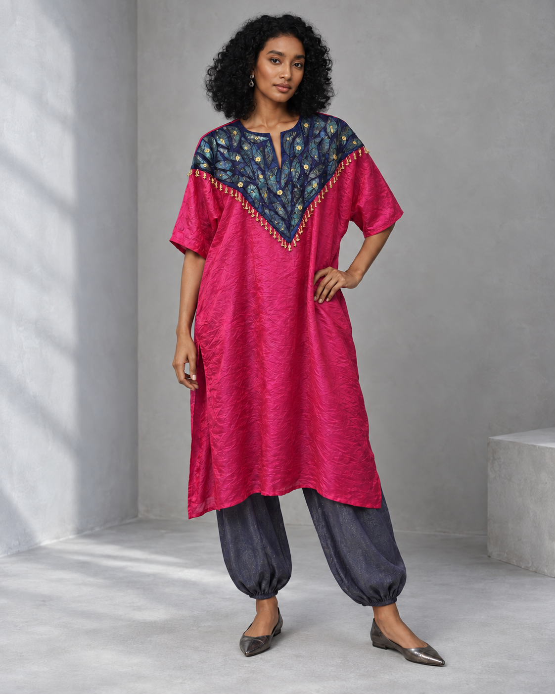 Ketaki: Fuchsia & Indigo Embellished Leaf-Yoke Dhoti Set — product photo 1