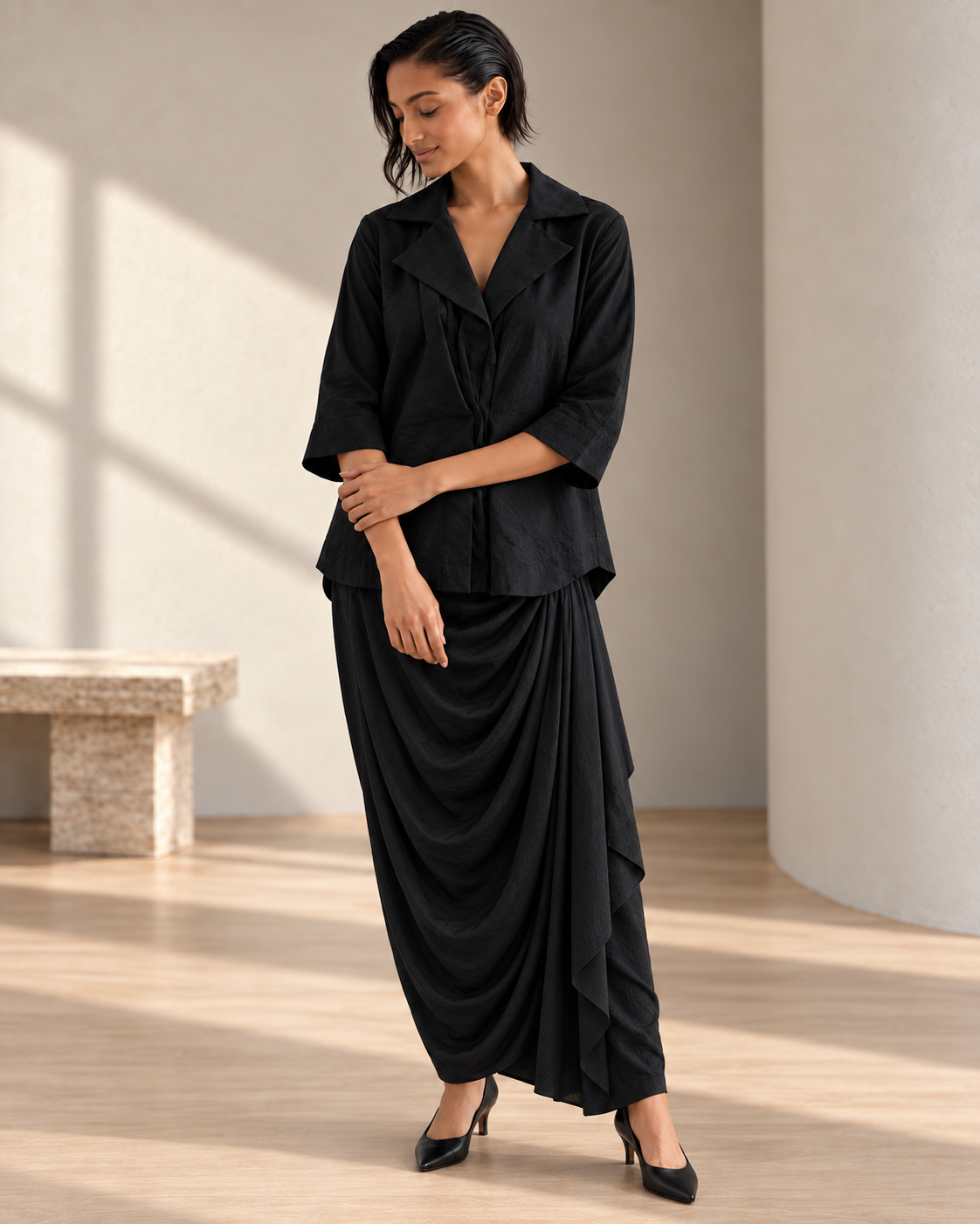 Nishika: Black Relaxed Shirt & Cowled Skirt Co-ord Set — product photo 3