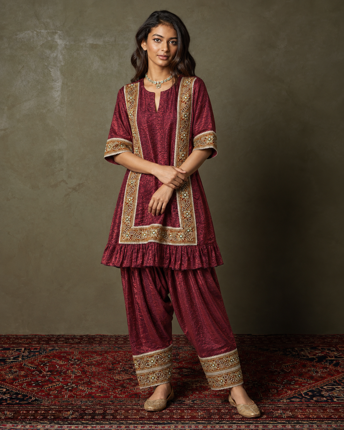 Saira by House of Somarra — full-length view of the burgundy salwar kameez set.