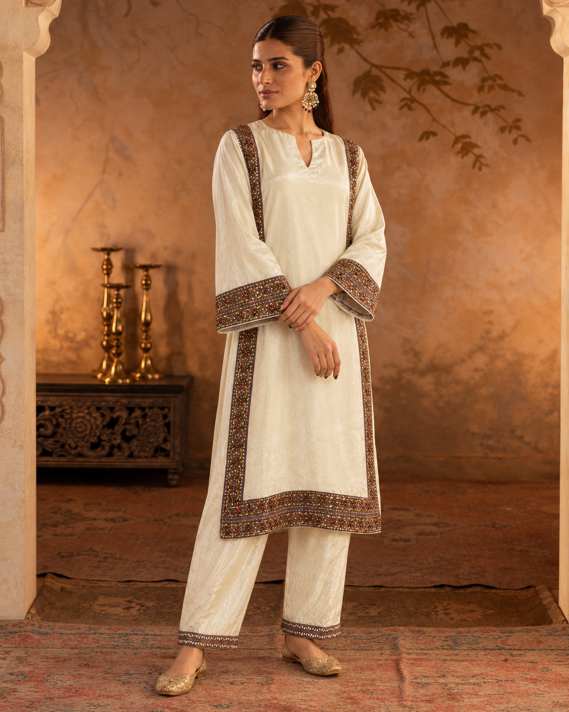 Zareen by House of Somarra — Ivory Multicolour Jewelled Border Straight Set, product photo 2.