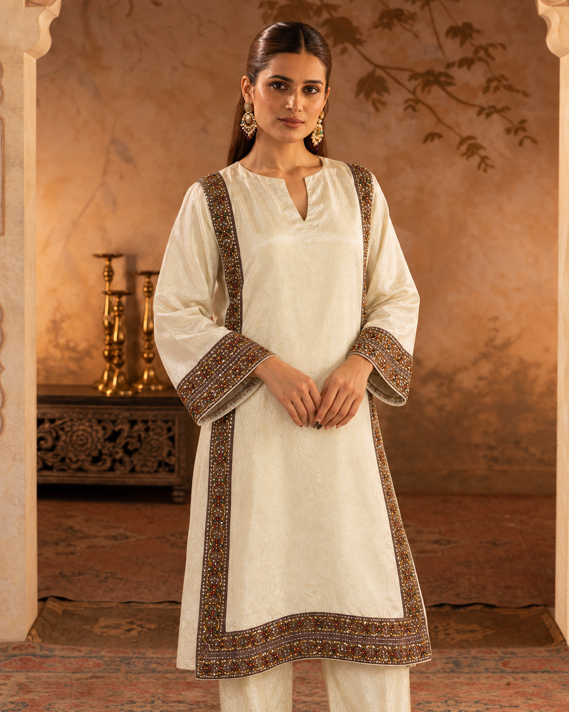 Zareen by House of Somarra — Ivory Multicolour Jewelled Border Straight Set, product photo 3.