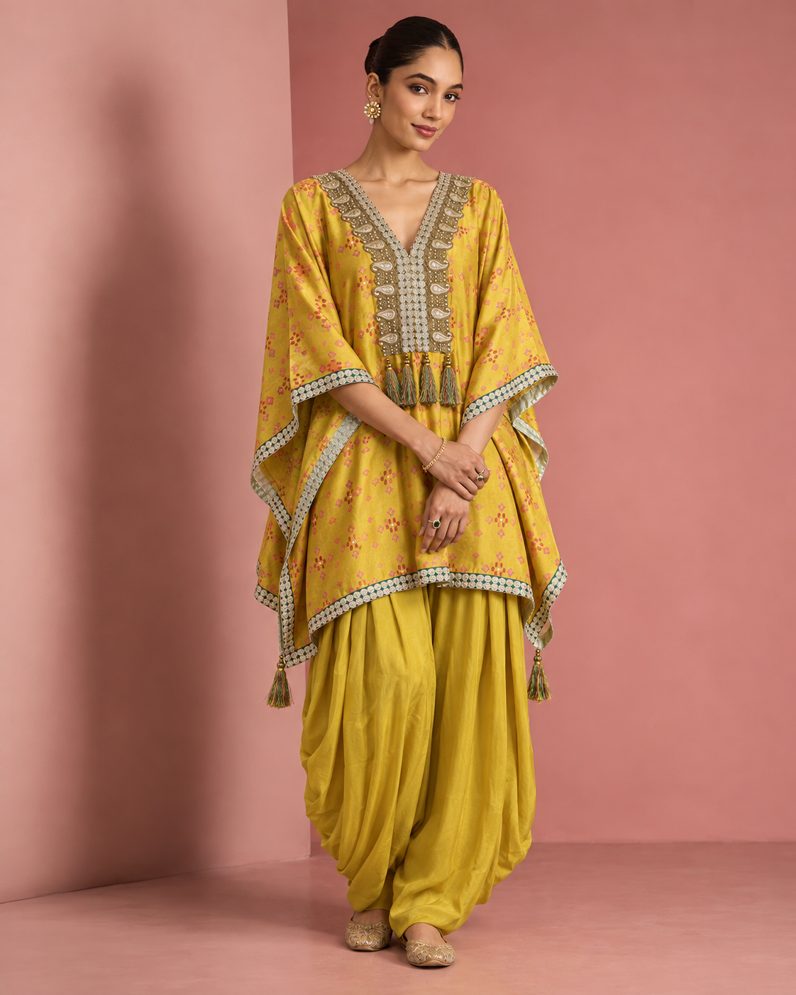 Sunehri by House of Somarra — Mustard Pink Geometric Tassel Kaftan Set, product photo 1.