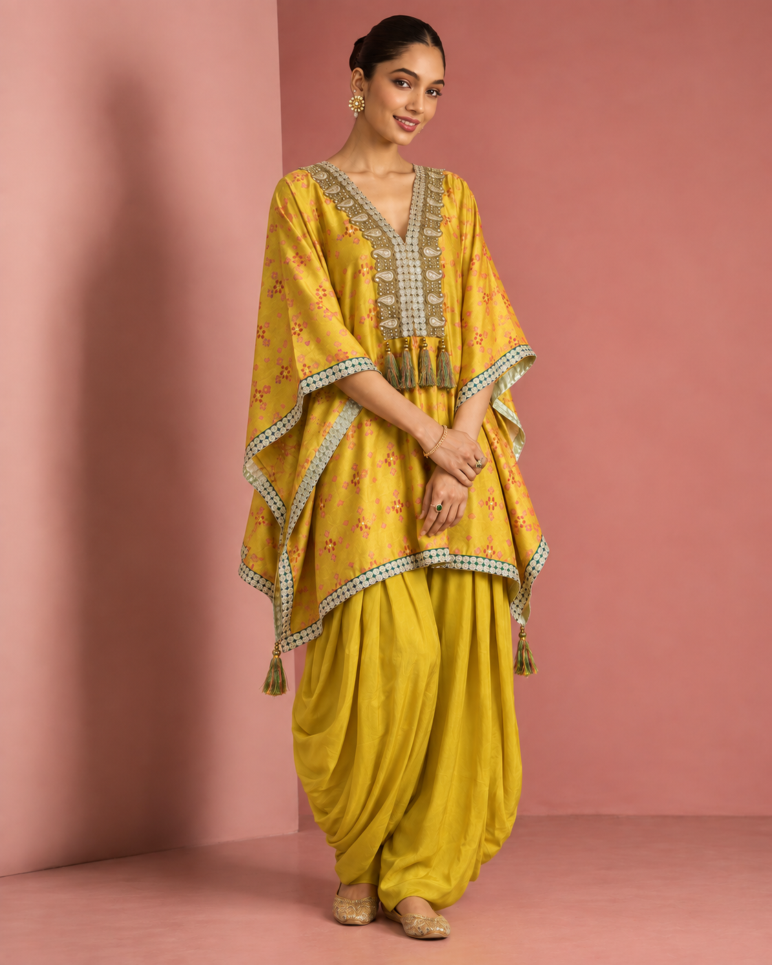 Sunehri by House of Somarra — Mustard Pink Geometric Tassel Kaftan Set, product photo 3.