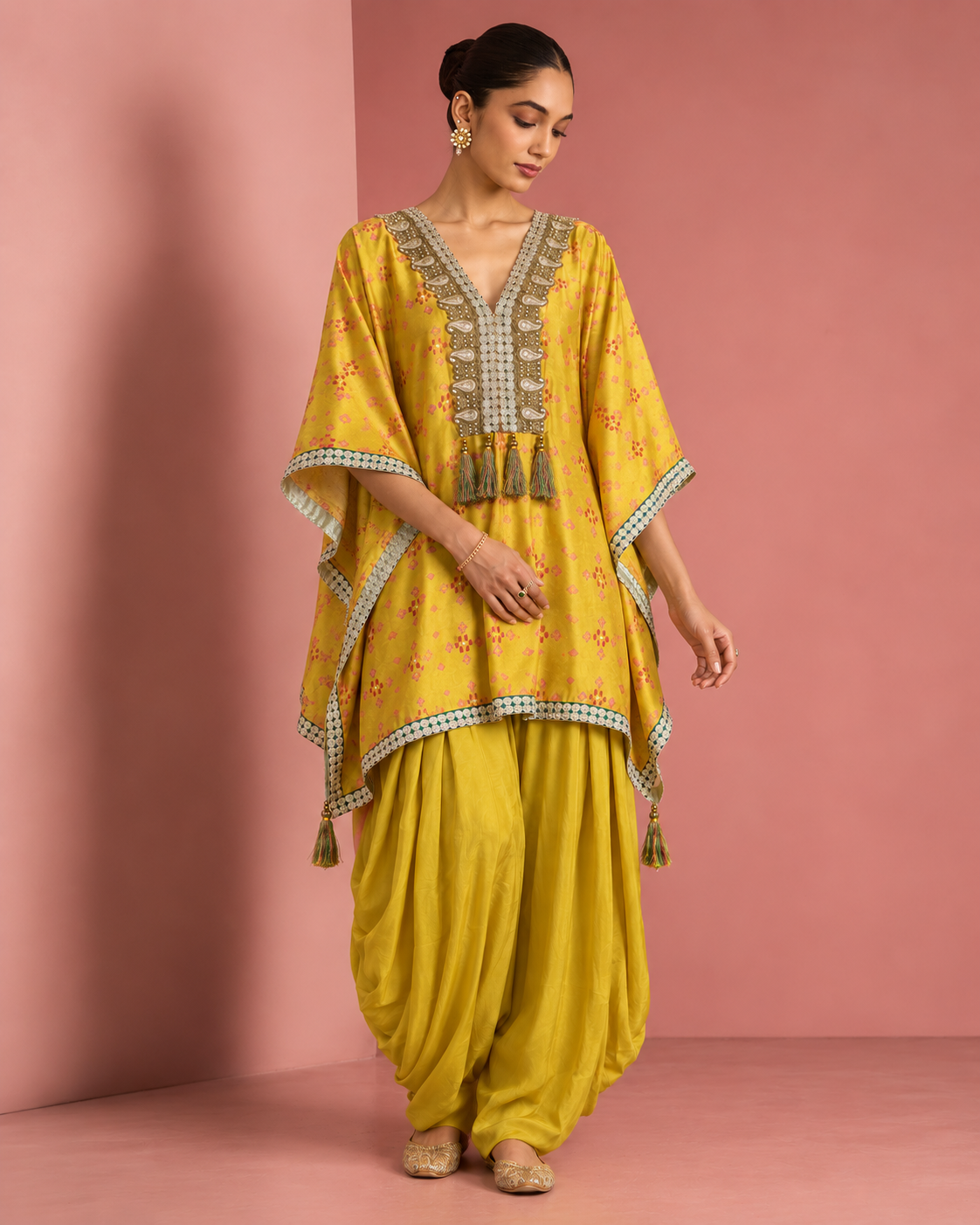 Sunehri by House of Somarra — Mustard Pink Geometric Tassel Kaftan Set, product photo 4.