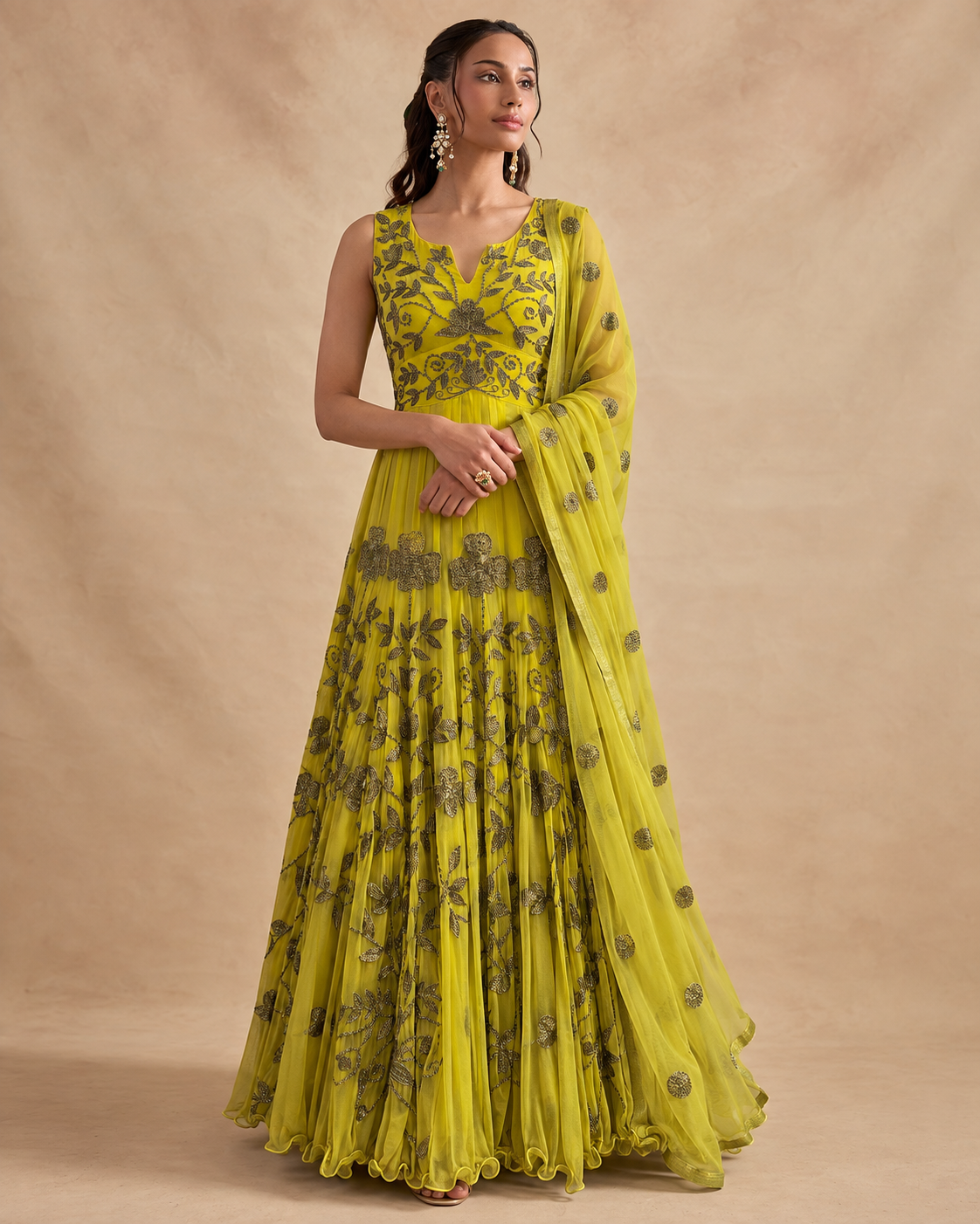 Zinnia Lime-Yellow Anarkali Set by House of Somarra — Yellow Antique Gold Vine Anarkali, product photo 1.