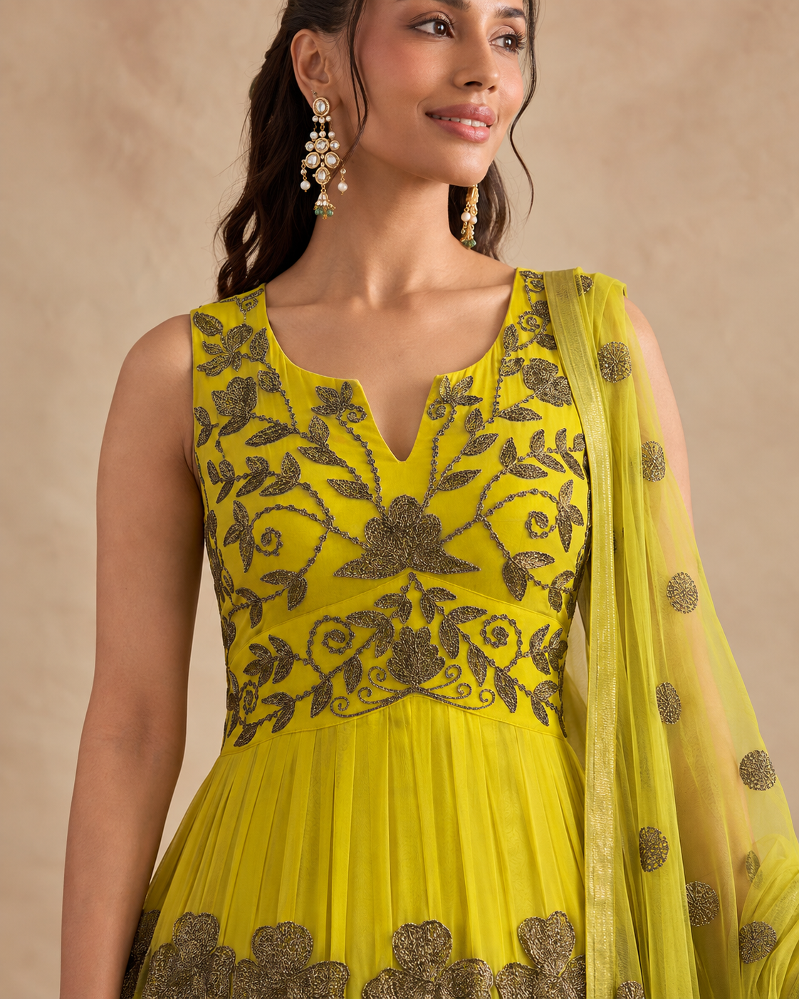 Zinnia Lime-Yellow Anarkali Set by House of Somarra — Yellow Antique Gold Vine Anarkali, product photo 2.