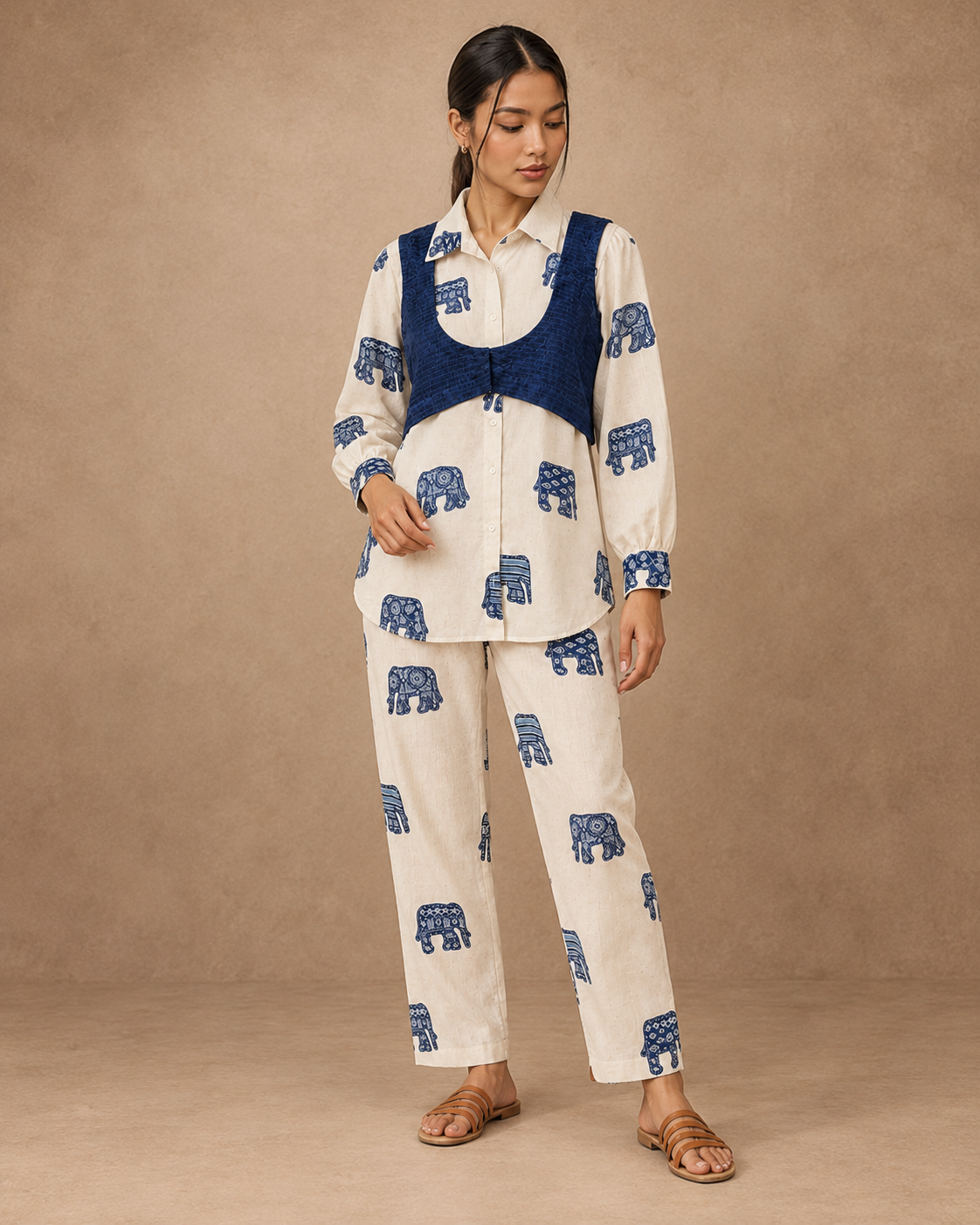Gajra by House of Somarra — Ivory Navy Elephant Motif Co-ord, product photo 1.