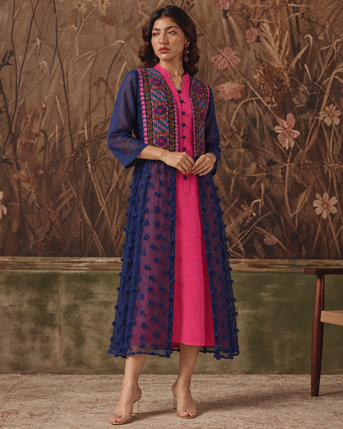 Naavya by House of Somarra — Navy Geometric Embroidered Sheer Tunic Set, product photo 3.