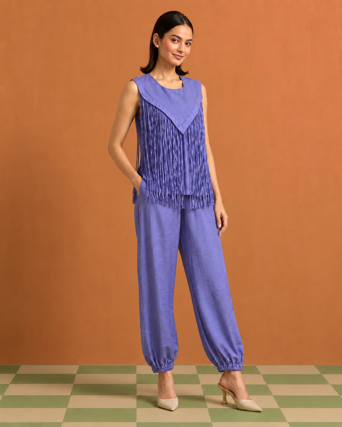 Lasya by House of Somarra — Periwinkle V Panel Fringe Co-ord, product photo 3.