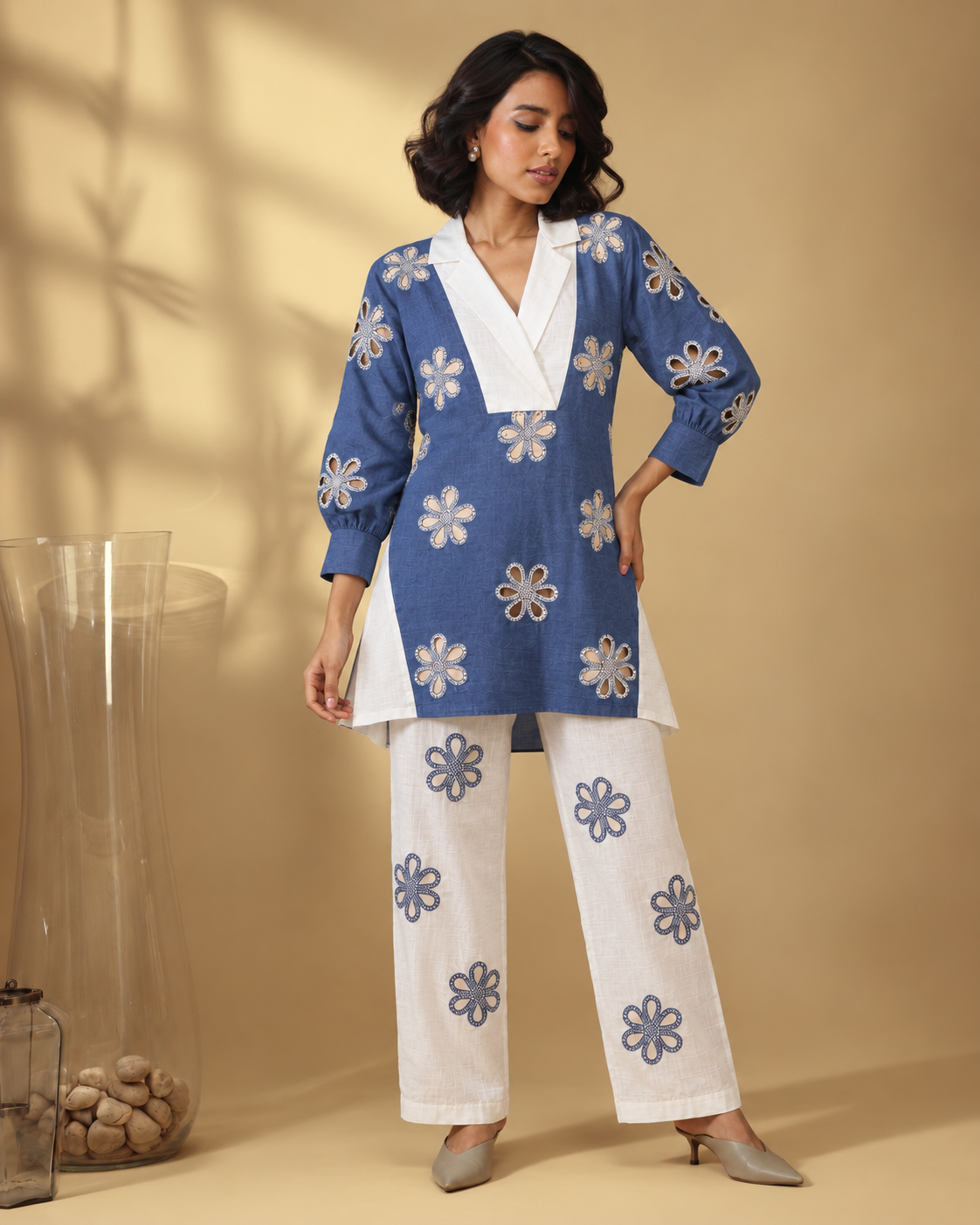 Neelakshi by House of Somarra — Blue Floral White Trouser Co-ord, product photo 4.