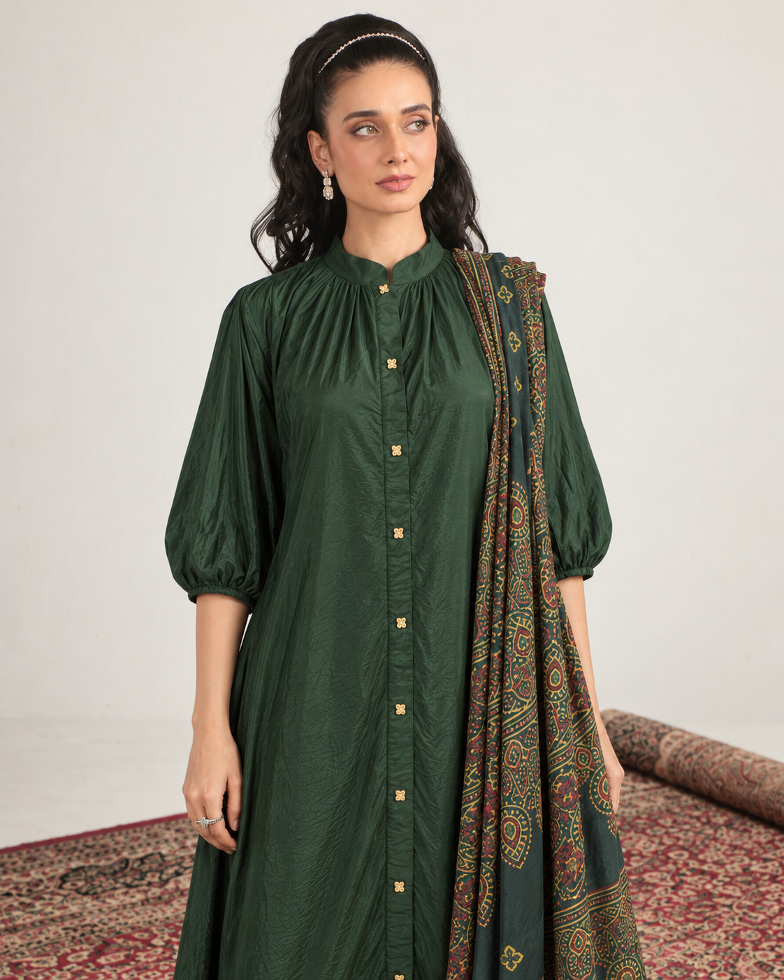 Vanita by House of Somarra — Forest Green Button Front Set, product photo 5.