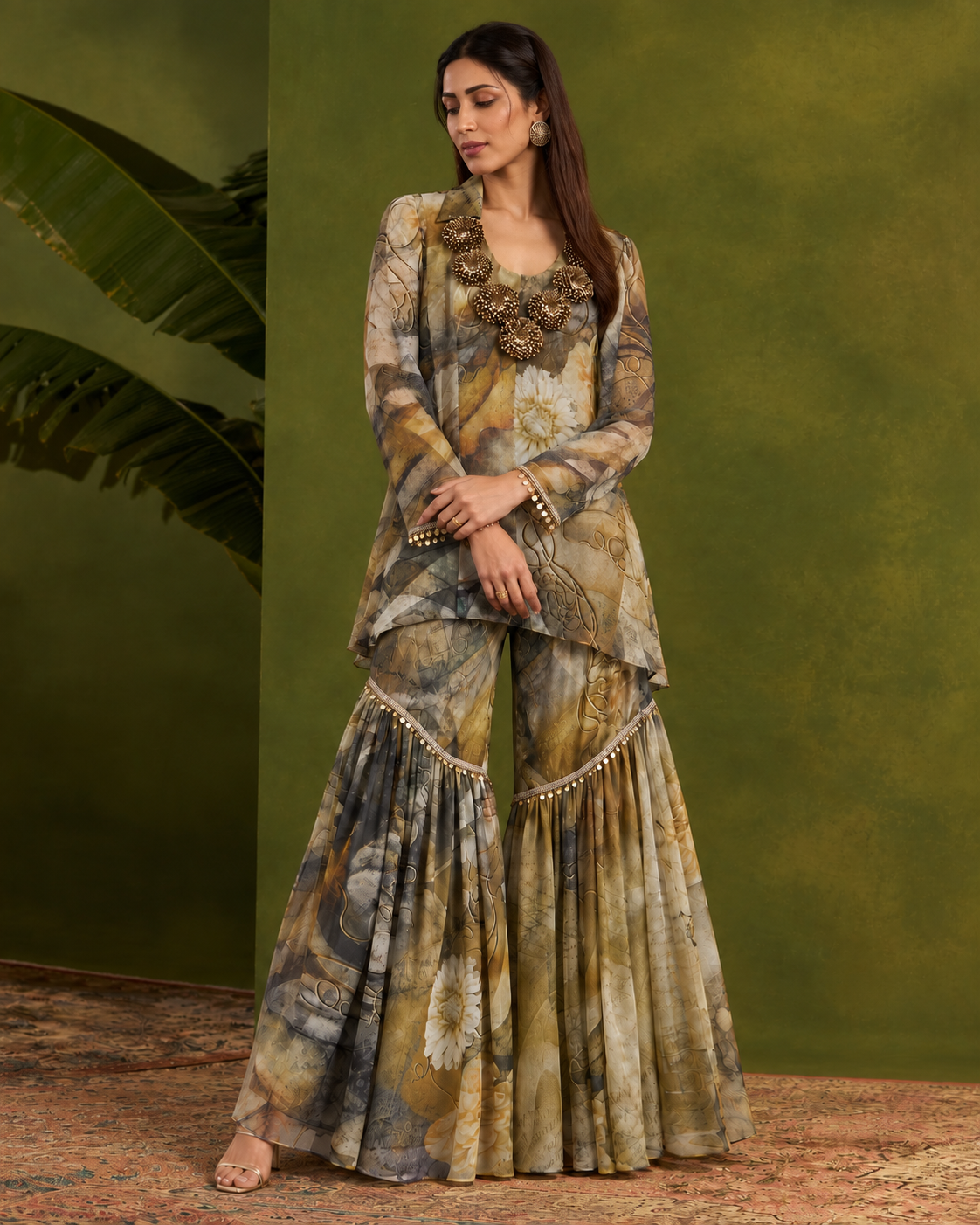 Malvika by House of Somarra — Earth Floral Rosette Gharara Set, product photo 5.