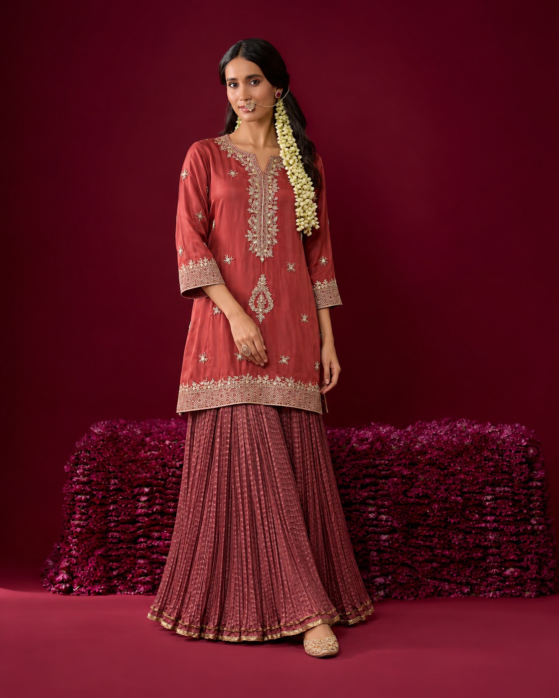 Ahalya by House of Somarra — Coral Jewel Kurta Mauve Pleated Set, product photo 1.