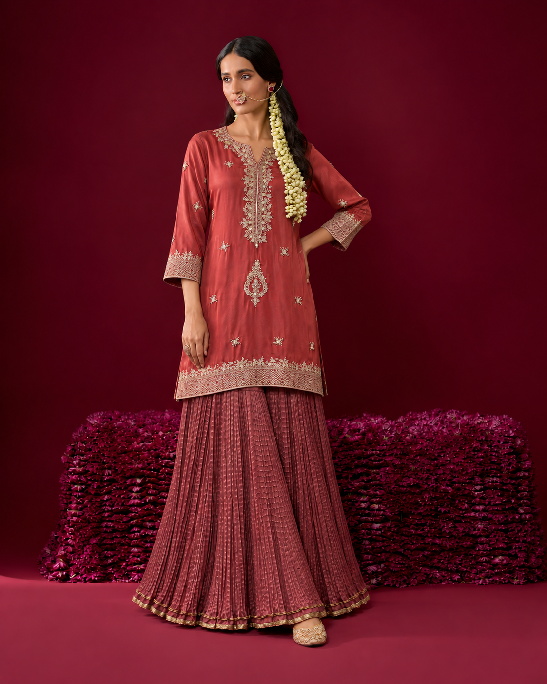 Ahalya by House of Somarra — Coral Jewel Kurta Mauve Pleated Set, product photo 2.
