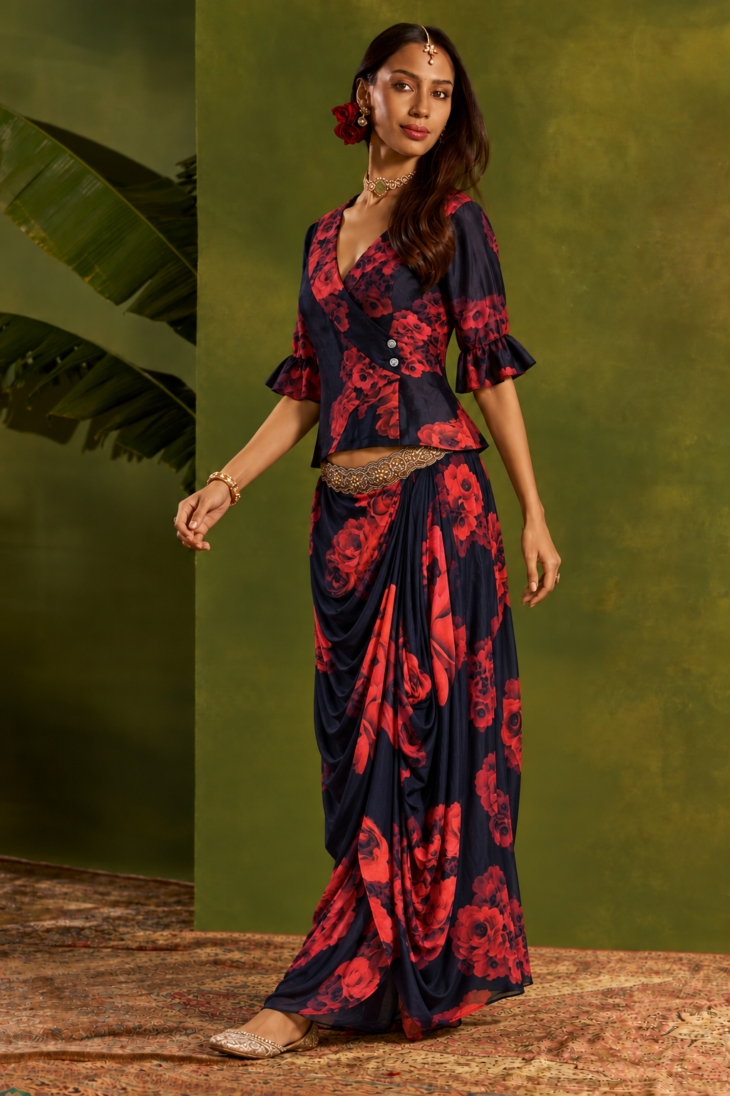 Rosana: Navy Rose-Print Blouse & Cowled Skirt Set — product photo 2
