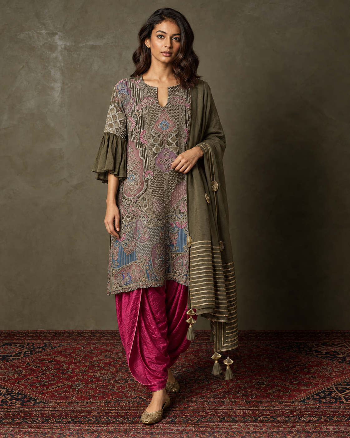 Olive & Magenta Embroidered Three-Piece Dhoti Set — Product photo 1