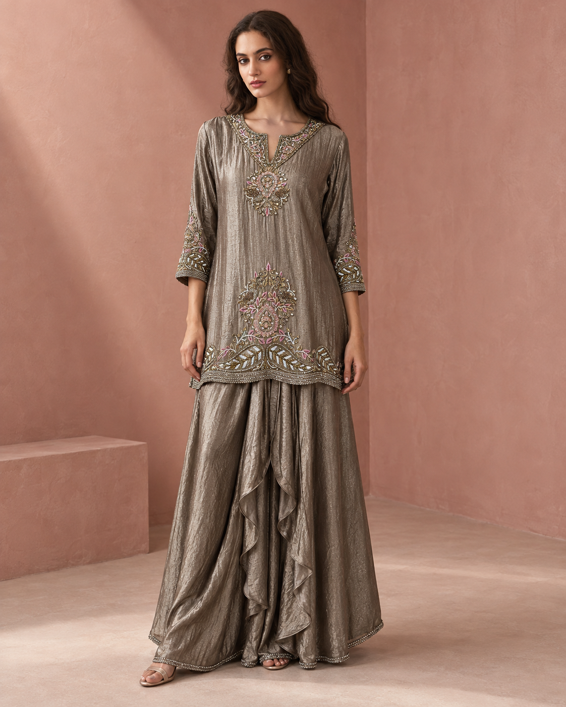 Taupe Embroidered Drape Set — Product photo 1