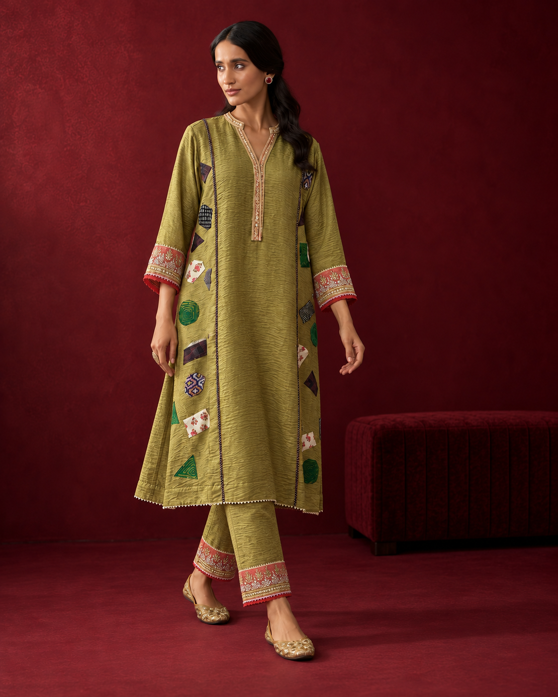 Olive & Gold Patchwork Kurta Set — Product photo 2