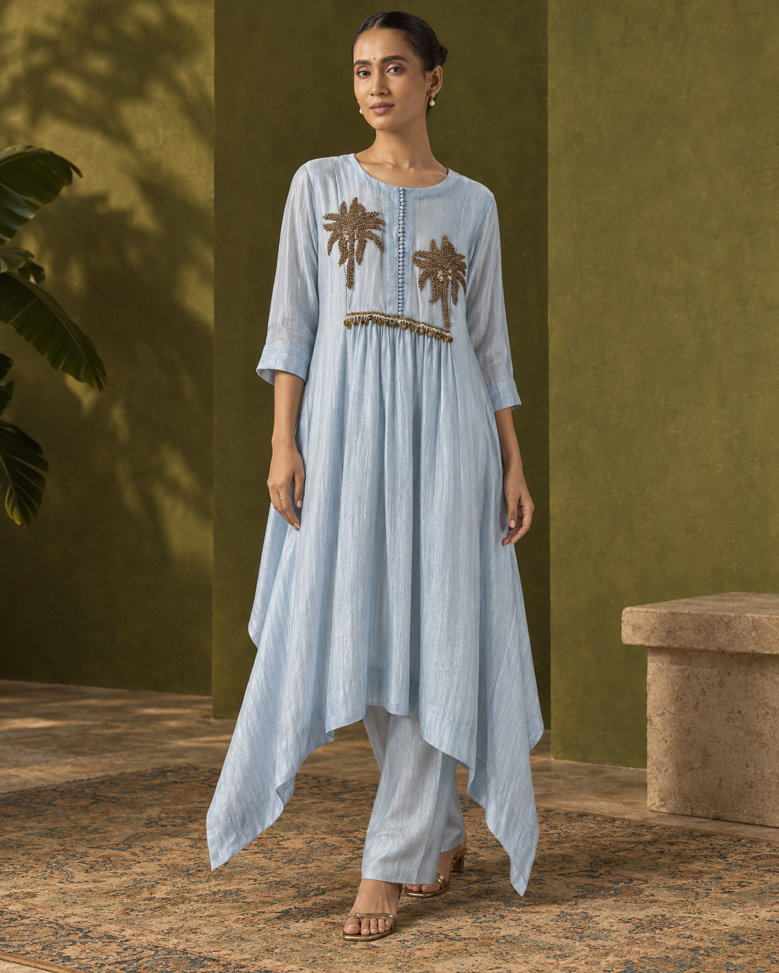 Powder Blue Palm-Motif High-Low Kurta Set — Product photo 1